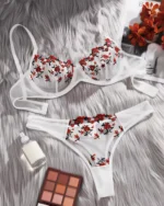 Turkish Mesh Bra & Panty Lingerie Set - White And Red