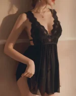 Women Open Back Babydoll Nighty Dress - Black