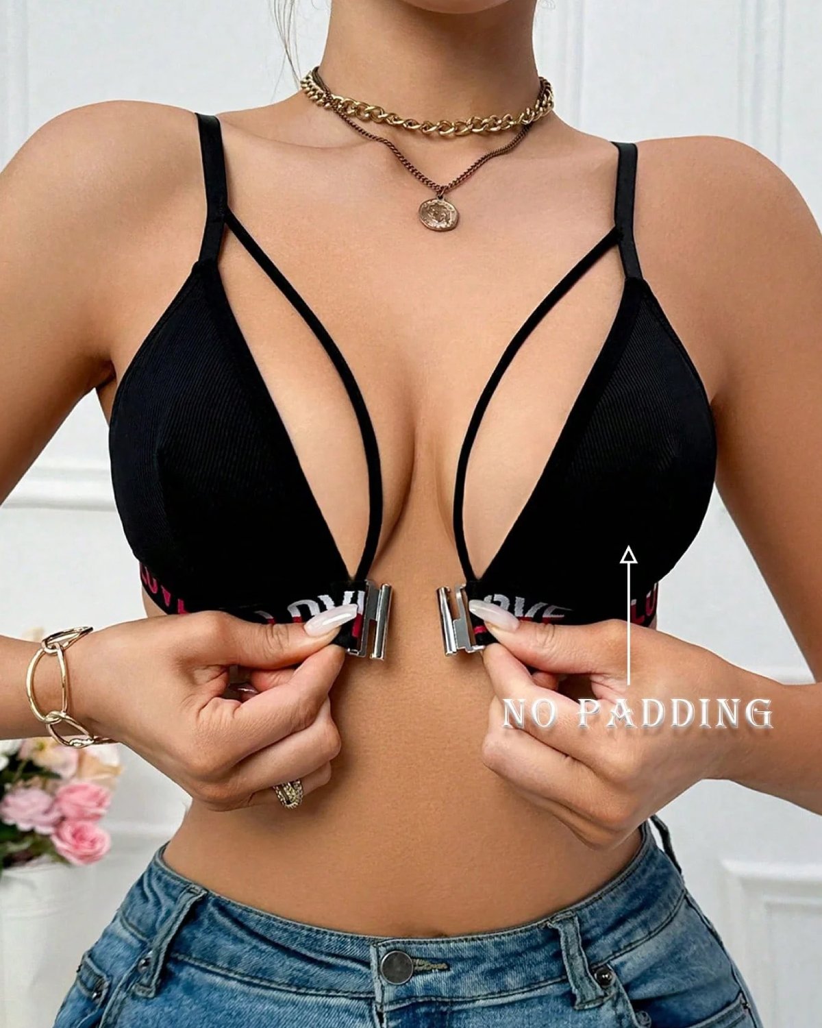 Women's Letter Strap Patchwork Front Closure Wireless Bra Black