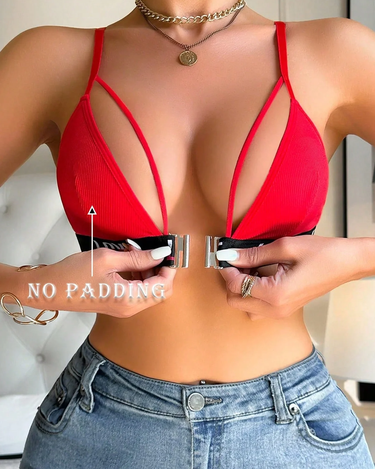 Women's Letter Strap Patchwork Front Closure Wireless Bra Red