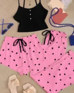 Women's 3 Piece Heart Short Pj Set - Black And Pink