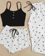 Women's 3 Piece Heart Short Pj Set - Black And White