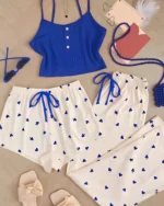 Women's 3 Piece Heart Short Pj Set - Navy Blue