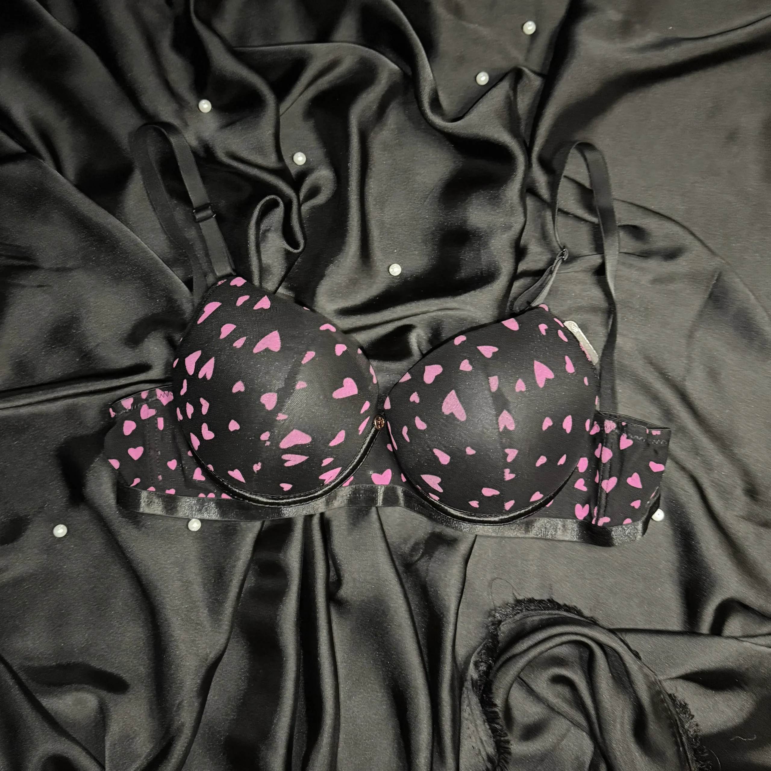 Women's Black Heart Print Push Up Bra - Bespose