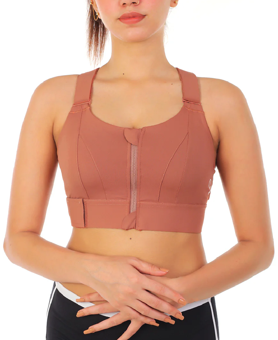 Women's Zipper Front High-Strength Sports Bra - Rust