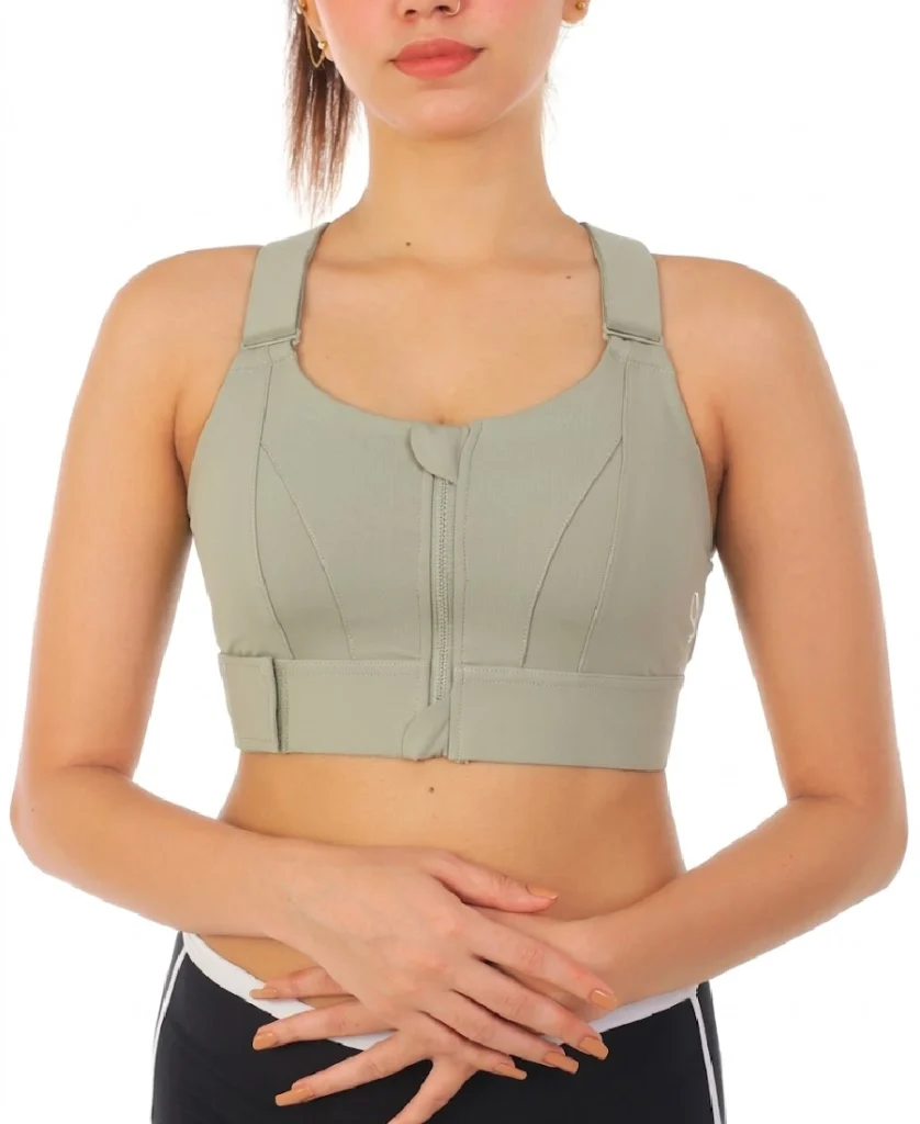Women's Zipper Front High-Strength Sports Bra - Sage Green